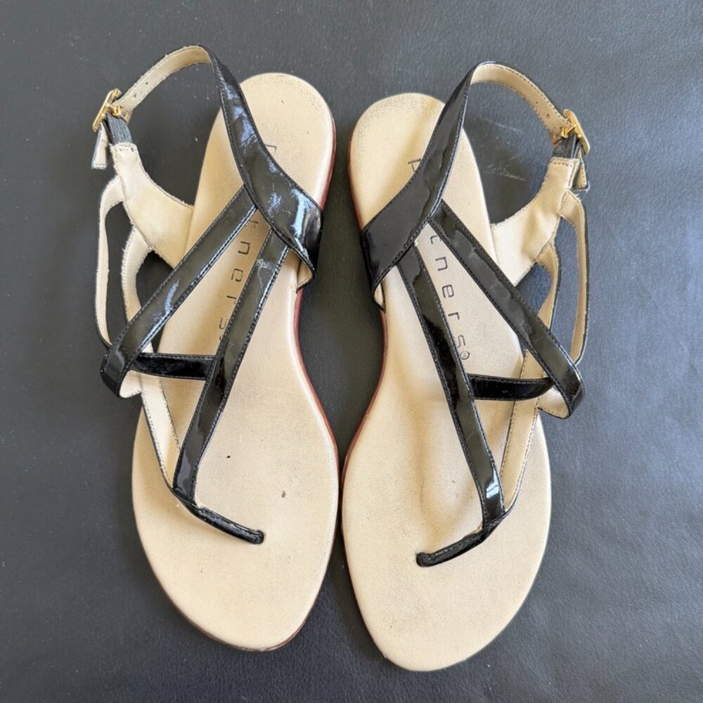 Black Patent Strappy Thong Sandals Slingback Flat Minimalist Women’s Size 7